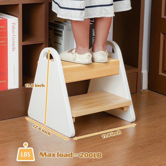 Toddler Step Stool 2-Step Wooden w/ Handles | Kids Bathroom Kitchen Helper White - Picture 7 of 7